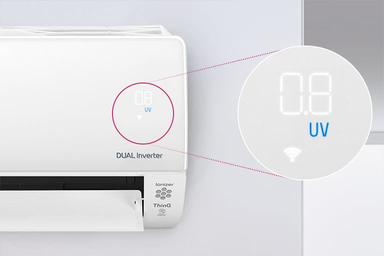 LG Dual Inverter air conditioner with digital screen displaying "08 UV", located on the right side, and ThinQ technology.