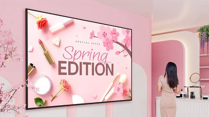 In the cosmetic shop, the UH5N-M is mounted on the wall, and its slim design and uniform bezel seamlessly blend with the interior.	