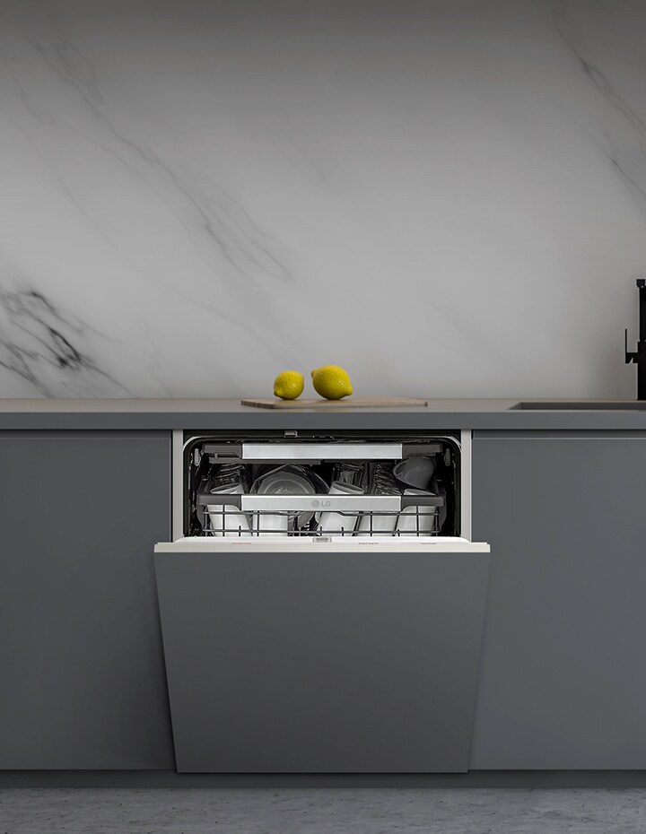 Footage of the LG Built-in dishwashers installed in various kitchen interiors with matching door panels. 	