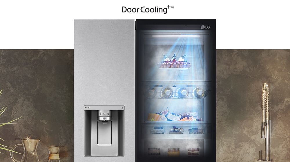 LG refrigerator with DoorCooling+; left side has a water dispenser, right side shows an illuminated fridge interior.