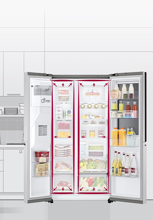 LG double door refrigerator in a modern kitchen, open to display neatly organised food, drinks, and dairy products.