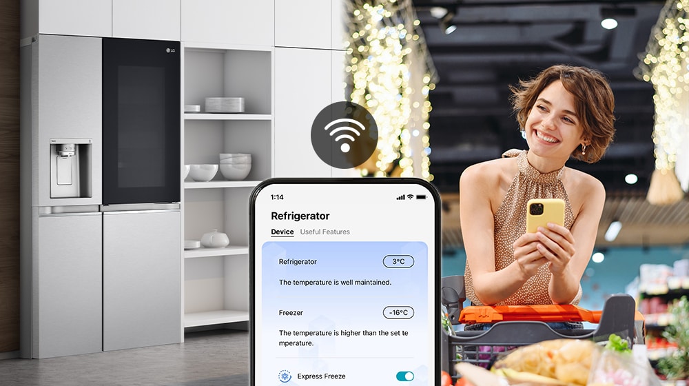 Woman in a supermarket checks the temperature of her LG smart refrigerator at home using a smartphone app.