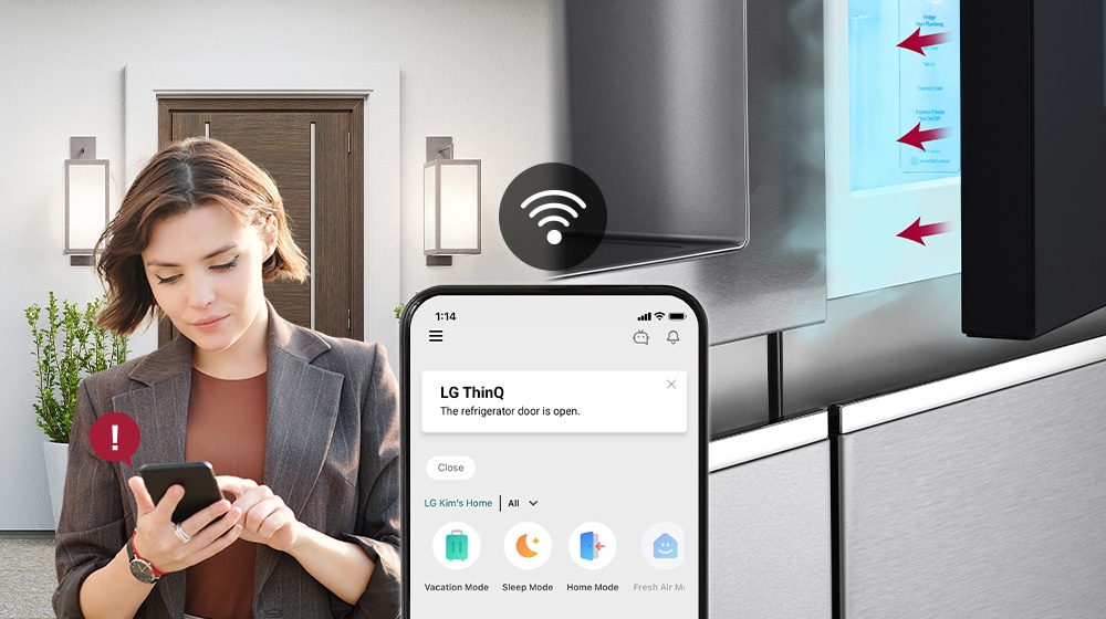 The image on the left shows a woman standing outside the house. The image on the right shows that the refrigerator door has been left open. In the foreground of the two images is the phone screen which shows the LG ThinQ app notifications and the Wifi icon above the phone.