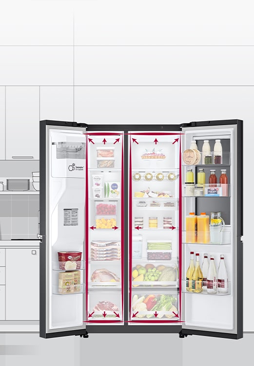 A video begins with the front view of the refrigerator with both doors wide open. The interior spaces are outlined in a neon lines and arrows begin to push the lines out to show that there is now more space inside. The neon square around the interior spaces flashes to show the difference between the new space and the old smaller space which is now outlined in a dotted white line.