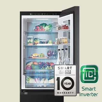 Fresh food-filled refrigerator with open door and logo images for warranty and smart inverter.	