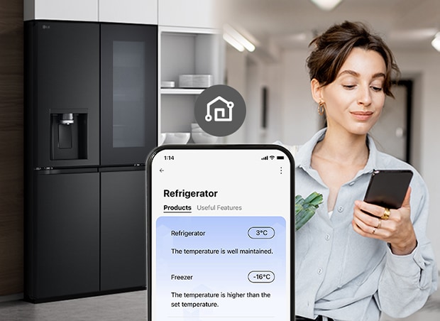 Image on the right shows a woman with a shopping basket looking at her cell phone. Image on the left shows the refrigerator front view. In the center of the images is an icon to show connectivity between the phone and refrigerator.	