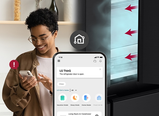 The image on the left shows the woman looking at the smartphone. The image on the right shows that the refrigerator door has been left open. In the foreground of the two images is the phone screen which shows the LG ThinQ app notifications and the Wi-Fi icon above the phone.	