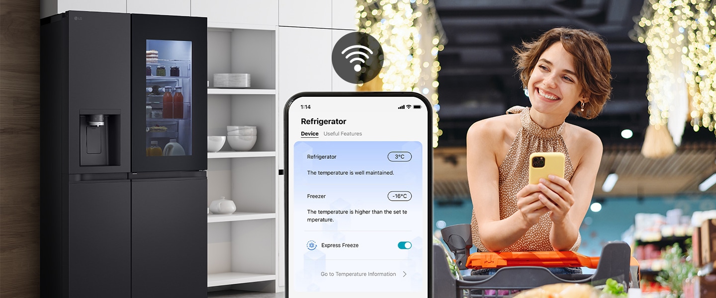 LG smart refrigerator connected to mobile app showing temperature settings, woman in store using smartphone.