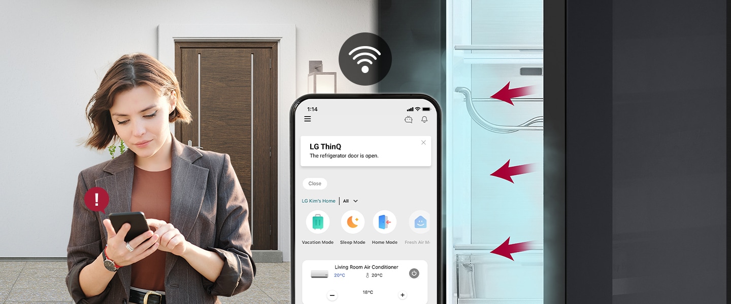 LG ThinQ app alerts user about open refrigerator door with Wi-Fi symbol above smartphone screen.