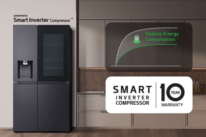 Black LG refrigerator with Smart Inverter Compressor, energy-saving feature displayed, 10-year warranty.
