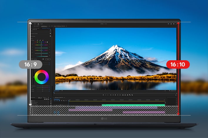A laptop showcasing a video editing interface with a stunning mountain landscape on the screen. An animation highlighting the transition from a 16:9 aspect ratio to a 16:10 aspect ratio, emphasising the expanded vertical workspace provided by the 16:10 ratio.