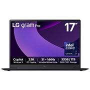 Front view of 17" LG gram Pro Laptop, 32GB RAM, Intel® Arrow Lake Processor, gram AI, Obsidian Black with purple swirl in screen