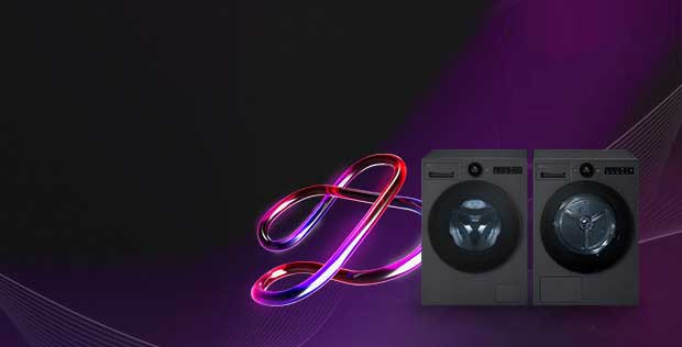 Two matte black LG washing machines and dryers side by side, with a pink curved LG AI symbol in the background and 'AI DD' and 'AI DUAL Inverter' text and emblem on the top right.