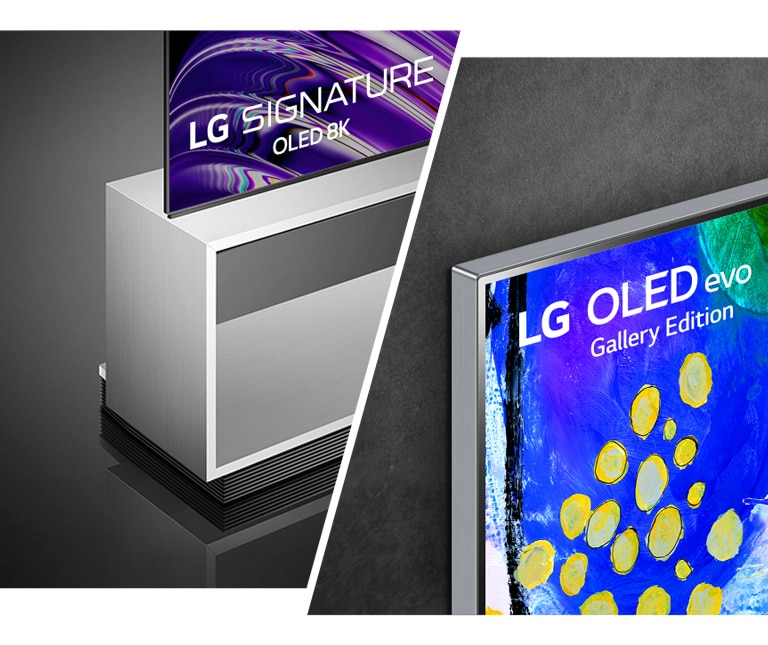 The left side of the image shows a side view of LG OLED Z2 with Floor Stand. The right side shows LG OLED G2's Gallery Design. 5-year warranty logos are in the middle of the image.