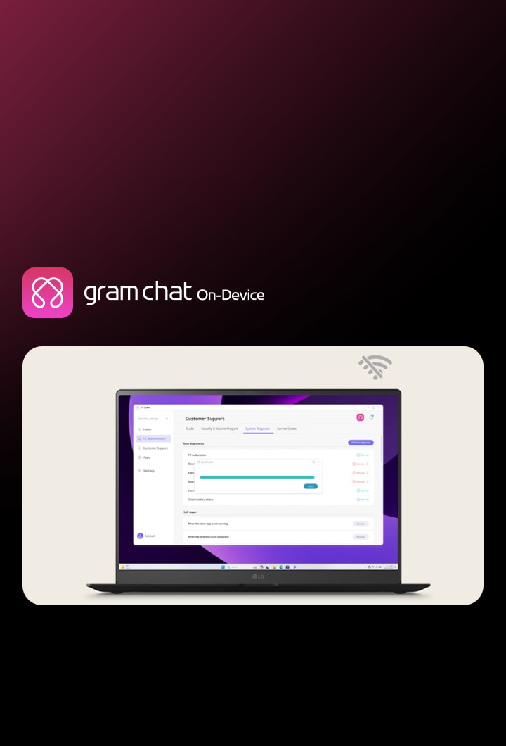 LG gram chat On-Device AI providing 24/7 offline support, displaying a customer support interface on a laptop screen with a no Wi-Fi icon.