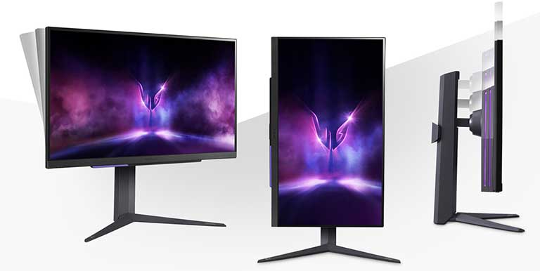 The image shows 3 modes of the 3-side borderless monitor for gamers to play games comfortably, tilting, height adjustment, and pivoting.