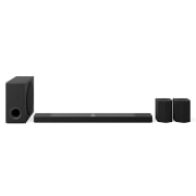 Front view of LG Soundbar US95TR, subwoofer, and Rear Speakers