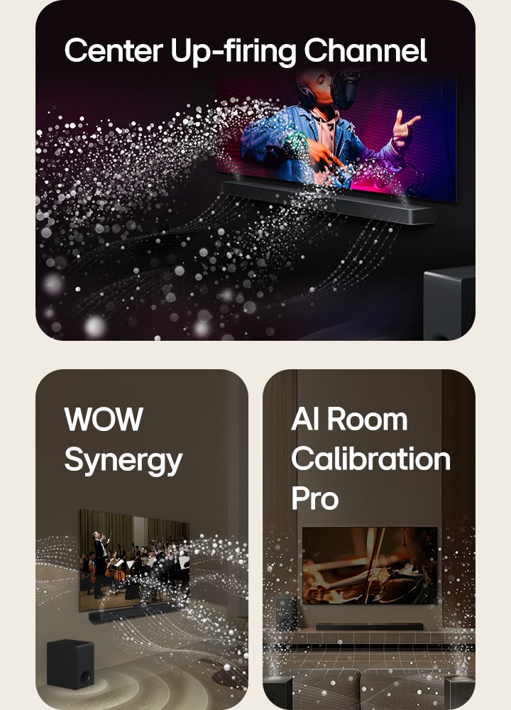 Composizione di 3 immagini:  - Una soundbar e un TV LG in salotto mentre si vede un video musicale. Delle goccioline che rappresentano le onde sonore vengono sparate verso l'alto e in avanti dalla soundbar e si proiettano dal TV, mentre il subwoofer crea un effetto sonoro dal basso.  - Una soundbar e un TV LG in salotto mentre si vede un concerto. Onde bianche di goccioline che rappresentano le onde sonore vengono sparate verso l'alto e in avanti dalla soundbar e si proiettano dal TV, mentre il subwoofer crea un effetto sonoro dal basso.  - Una soundbar, un TV LG, degli altoparlanti posteriori e il subwoofer si trovano in soggiorno. Sulla stanza viene visualizzata una sovrapposizione di griglia, come una scansione dello spazio. Dalla prospettiva frontale degli altoparlanti posteriori escono onde sonore bianche composte da goccioline.