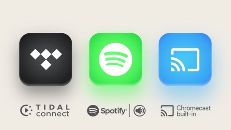 An overhead perspective of an LG Soundbar. Apple AirPlay logo Amazon Alexa logo Google Home logo