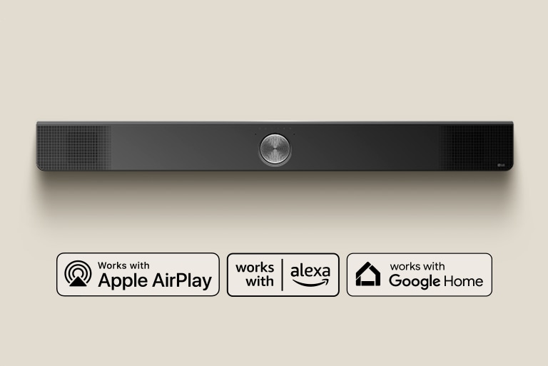 Prospettiva dall'alto della soundbar. Logo Apple AirPlay Logo Amazon Alexa Logo Google Home