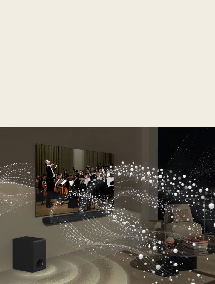 Una soundbar e un TV LG in salotto mentre si vede un concerto. Onde bianche di goccioline che rappresentano le onde sonore vengono sparate verso l'alto e in avanti dalla soundbar e si proiettano dal TV, mentre il subwoofer crea un effetto sonoro dal basso.