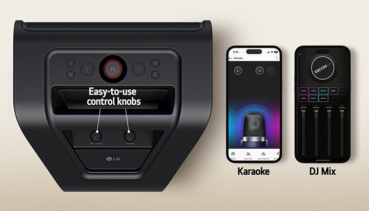 On the left xboom Stage 301's top view with its knobs and buttons marked. To the right two mobile phones are placed with the xboom app screens shown.