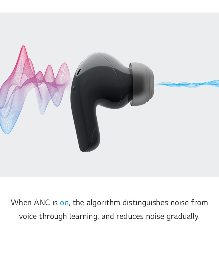 T60 earbud seen from the side. Colorful soundwaves go through the earbud and are quietened by Active Noise Cancellation.