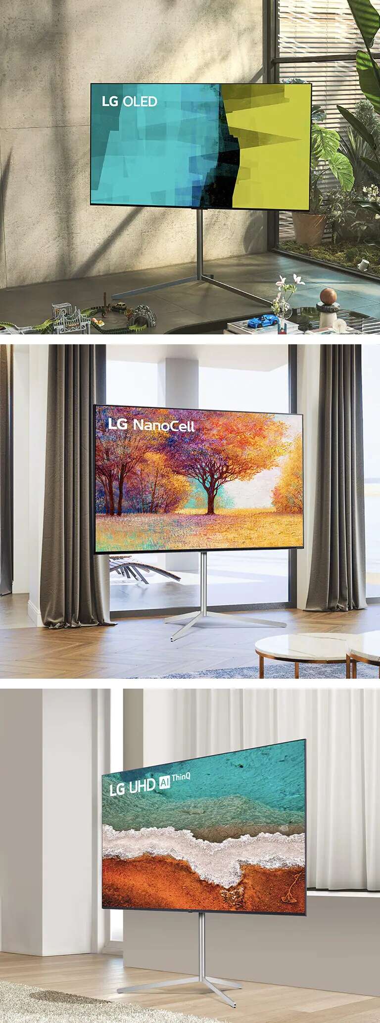Gallery Stand seen in three different spaces with three different TVs. The first is the LG OLED TV in a bright room, the second is the LG NanoCell TV in a hotel-like space, and the third is LG UHD AI Thinq in a white, gallery-like space.
