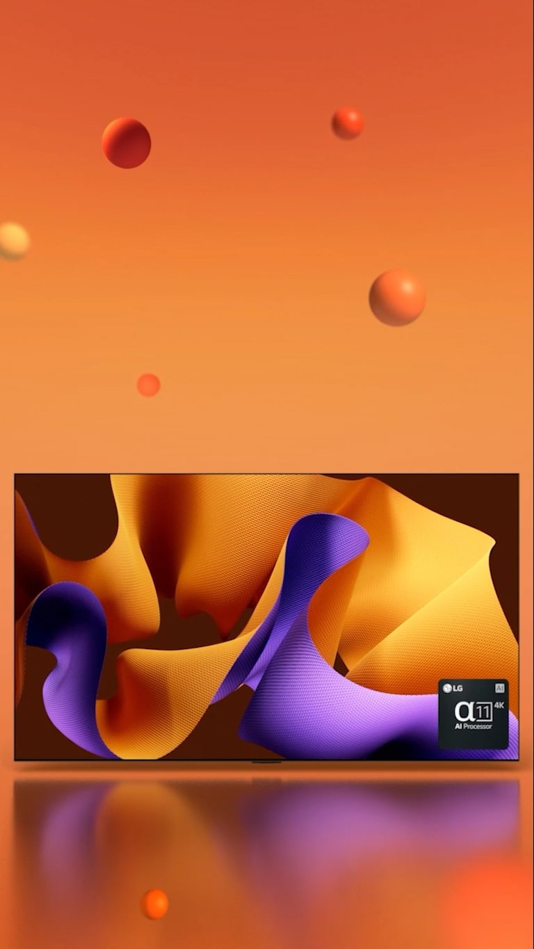 A video opens showing the LG OLED G4 facing 45 degrees to the right with a purple and orange abstract artwork on screen against an orange backdrop with 3D spheres. The OLED TV rotates to face the front. On the bottom right there is an logo of LG alpha 11 AI processor chipset.