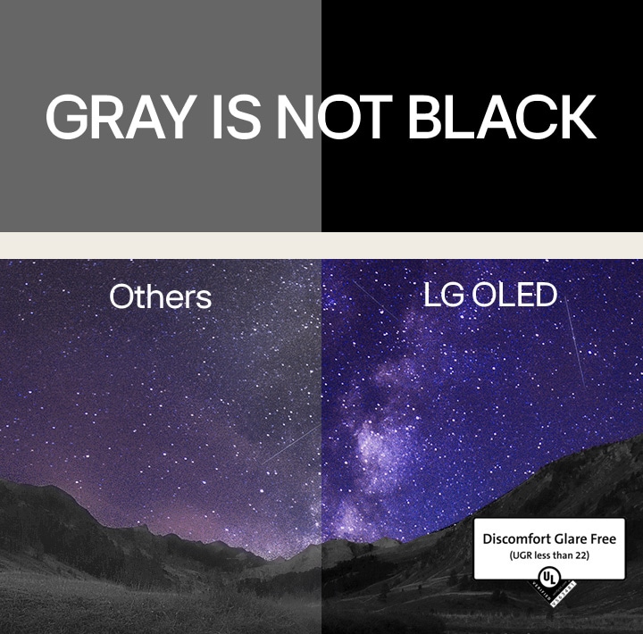 The Milky Way fills the night sky above a canyon scene. Above the image, "gray is not black" is written in white block capitals against a black backdrop. The screen is split into two sides and marked "Others" and "LG OLED." The other side is noticeably dimmer and lower in contrast, whereas the LG OLED side is bright with high contrast. The LG OLED side also features Discomfort Glare Free and Perfect Black technology certifications.