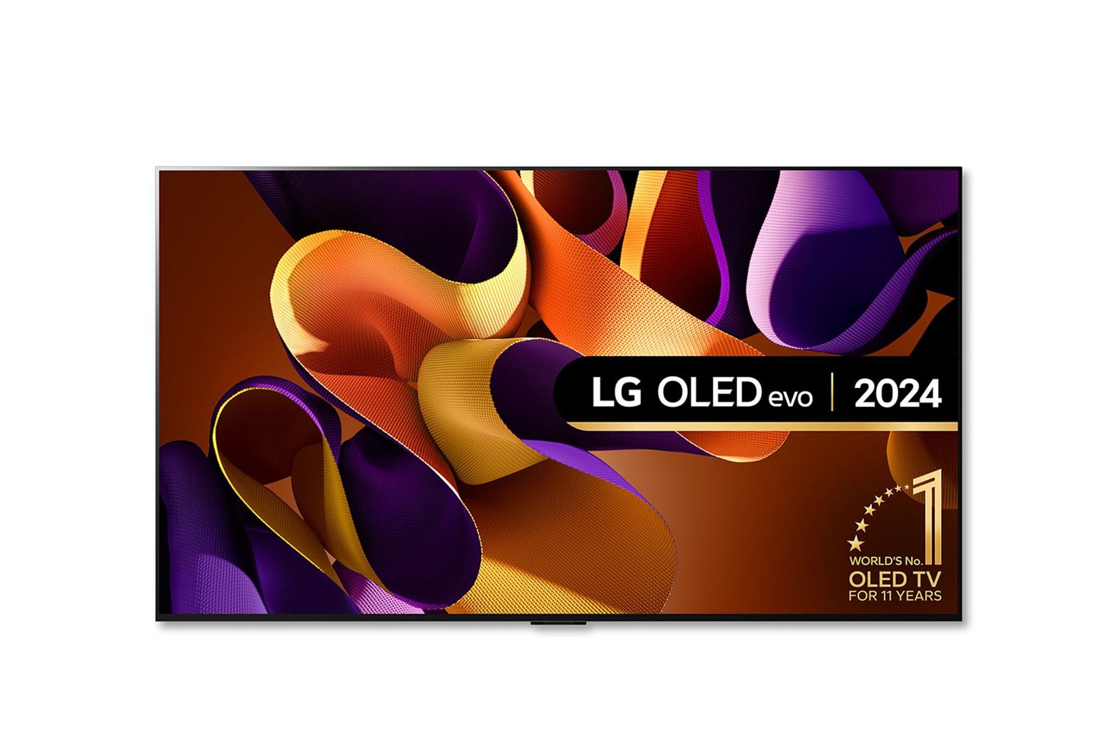 Front view with LG OLED TV, OLED G4, 11 Years of world number 1 OLED Emblem and webOS Re:New Program logo on screen with 2-pole stand