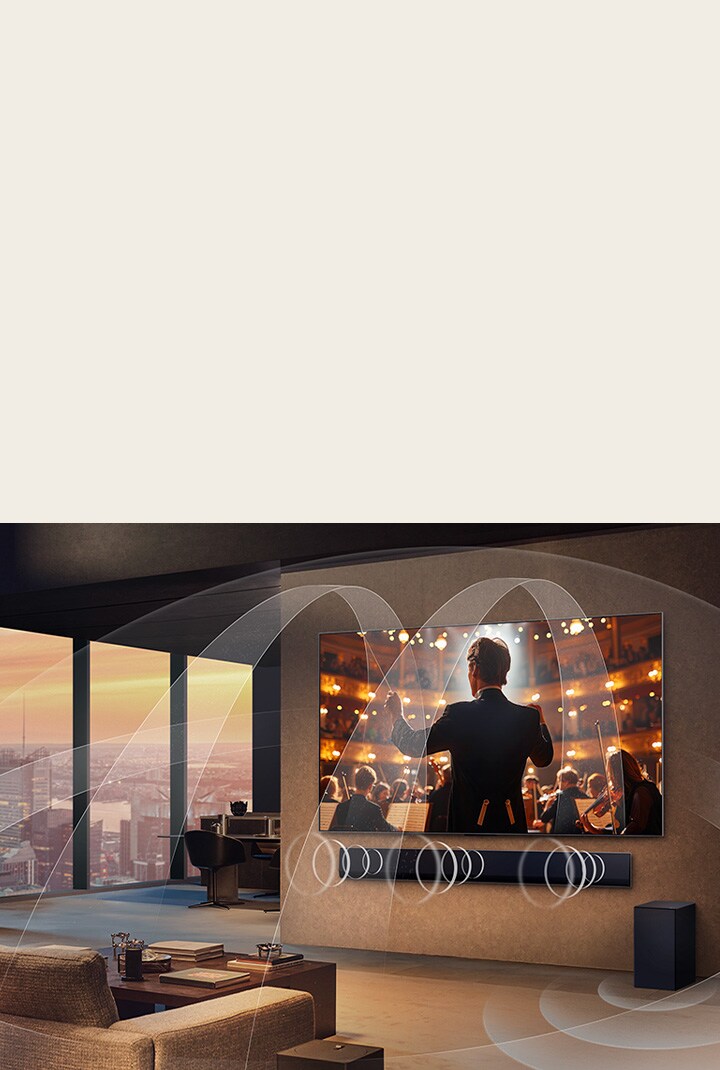 Living room with an LG OLED TV and LG Soundbar with graphics representing how both devices fill the space with multi-surround sound.