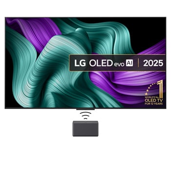 Front view of LG OLED M5 Signature TV. 12 Years of world number 1 OLED emblem and LG Signature OLED M logo are on the screen. Zero Connect Box in the corner with the title, Zero Connect Box with 4K 144Hz wireless video & audio transfer