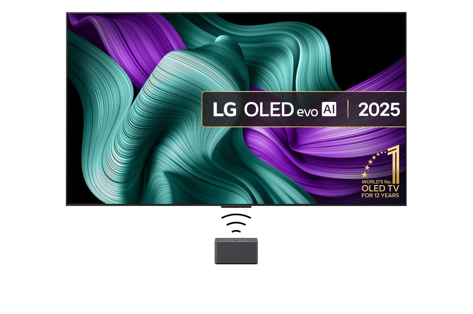 Front view of LG OLED M5 Signature TV. 12 Years of world number 1 OLED emblem and LG Signature OLED M logo are on the screen. Zero Connect Box in the corner with the title, Zero Connect Box with 4K 144Hz wireless video & audio transfer