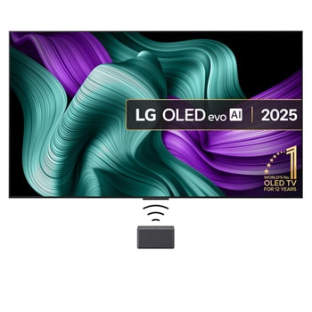 Front view of LG OLED M5 Signature TV. 12 Years of world number 1 OLED emblem and LG Signature OLED M logo are on the screen. Zero Connect Box in the corner with the title, Zero Connect Box with 4K 144Hz wireless video & audio transfer