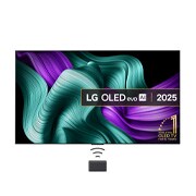 Front view of LG OLED M5 Signature TV. 12 Years of world number 1 OLED emblem and LG Signature OLED M logo are on the screen. Zero Connect Box in the corner with the title, Zero Connect Box with 4K 144Hz wireless video & audio transfer