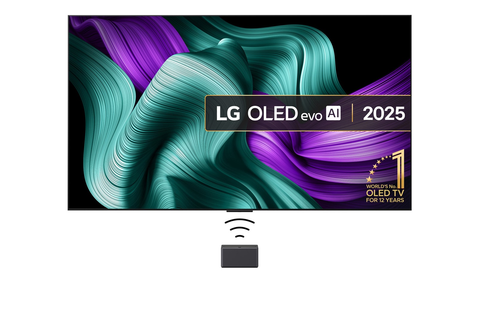 Front view of LG OLED M5 Signature TV. 12 Years of world number 1 OLED emblem and LG Signature OLED M logo are on the screen. Zero Connect Box in the corner with the title, Zero Connect Box with 4K 144Hz wireless video & audio transfer