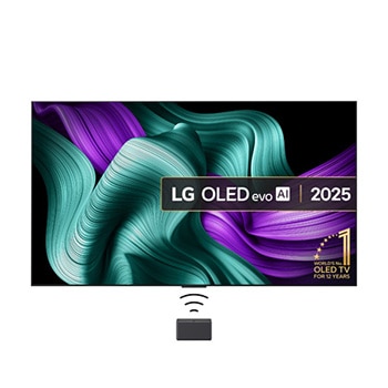 Front view of LG OLED M5 Signature TV. 12 Years of world number 1 OLED emblem and LG Signature OLED M logo are on the screen. Zero Connect Box in the corner with the title, Zero Connect Box with 4K 144Hz wireless video & audio transfer