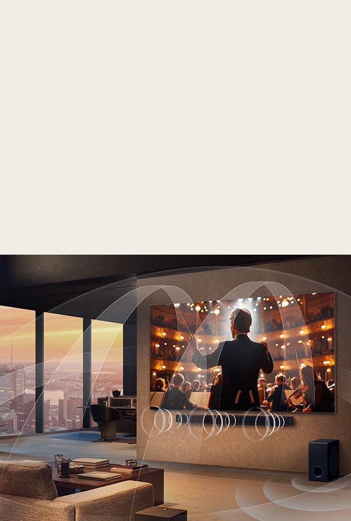Living room with an LG OLED TV and LG Soundbar with graphics representing how both devices fill the space with multi-surround sound.