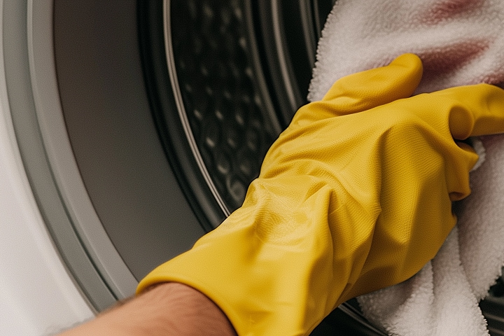 Image of hand in yellow glove cleaning lg washing machine drum.