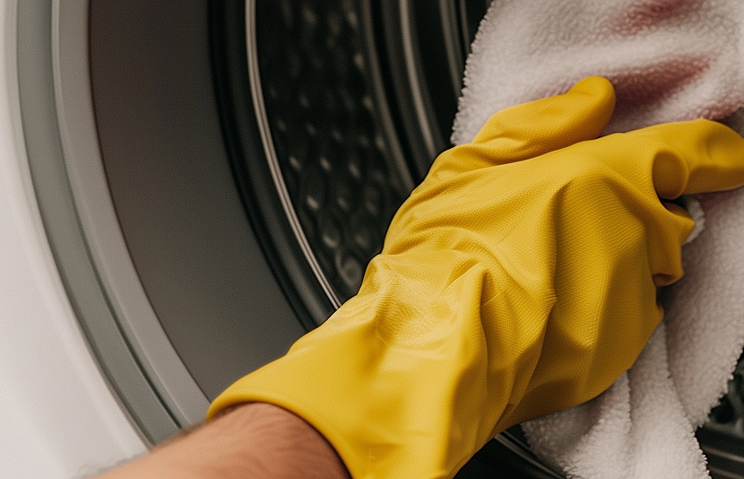 Image of hand in yellow glove cleaning lg washing machine drum.