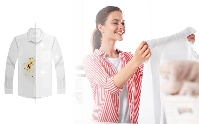 A split image showing a white shirt with a stain on the left side and perfectly clean on the right, alongside a smiling woman holding up a freshly cleaned white shirt
