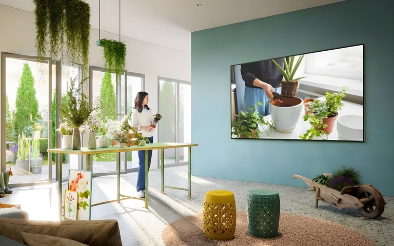 A bright, plant-filled living space with a wall-mounted LG TV showcasing the webOS home screen interface. The room blends nature with technology, creating a serene atmosphere.