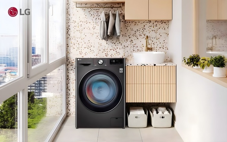 LG front-load washing machine in a compact space, ideal for small homes with a large capacity drum for efficient laundry