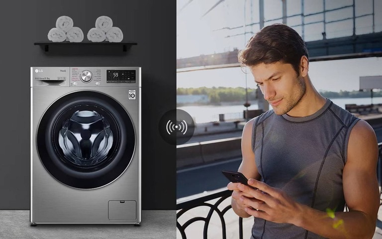 An LG front-load washing machine in a sleek metallic finish, paired with a man using his smartphone outdoors, highlighting remote control and smart connectivity features