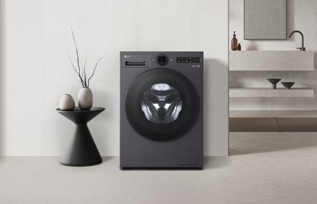 LG Washer and a decorative vase is positioned nearby. A  product cut is shown in the bottom right corner of the image.	