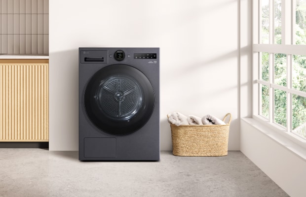 LG Dryer and a laundry bascket is positioned nearby. A product cut is shown in the bottom right corner of the image.	