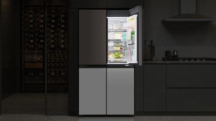 As the kitchen trasitions from day to night, the refrigerator's interior light dims accordingly.	