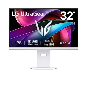 Front view of 32" LG UltraGear™ UHD Smart Gaming Monitor, 4K, 144Hz, 1ms (GtG), webOS, White - 32G810SA