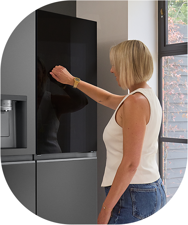 A woman using an LG InstaView refrigerator and a scene showing the inside of the refrigerator.